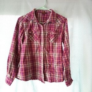 BIT & BRIDLE FLANNEL Purple and Tan Snap Up Sz M